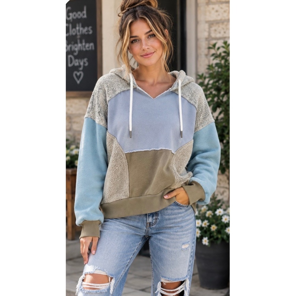 BKE Women's XS Colorblock Sherpa Fleece Hoodie Pullover Blue Gray Tan Boho